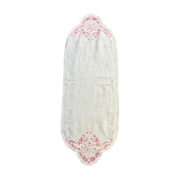Vintage Linen Table Runner Cream Pink Cutwork Embroidered Floral Lace 45” Used - Picture 7 of 16